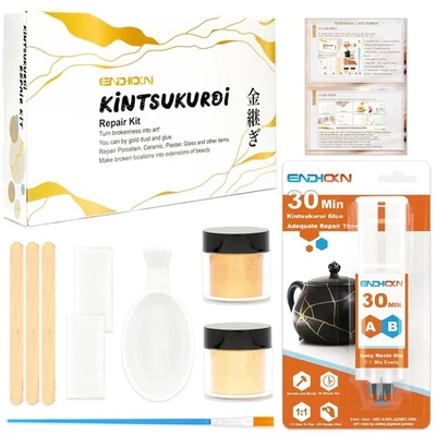 ENDHOKN KINTSUGI STARTER SET Ceramic Repair Kit Gold Dust Powder Fix DIY Broken Pottery