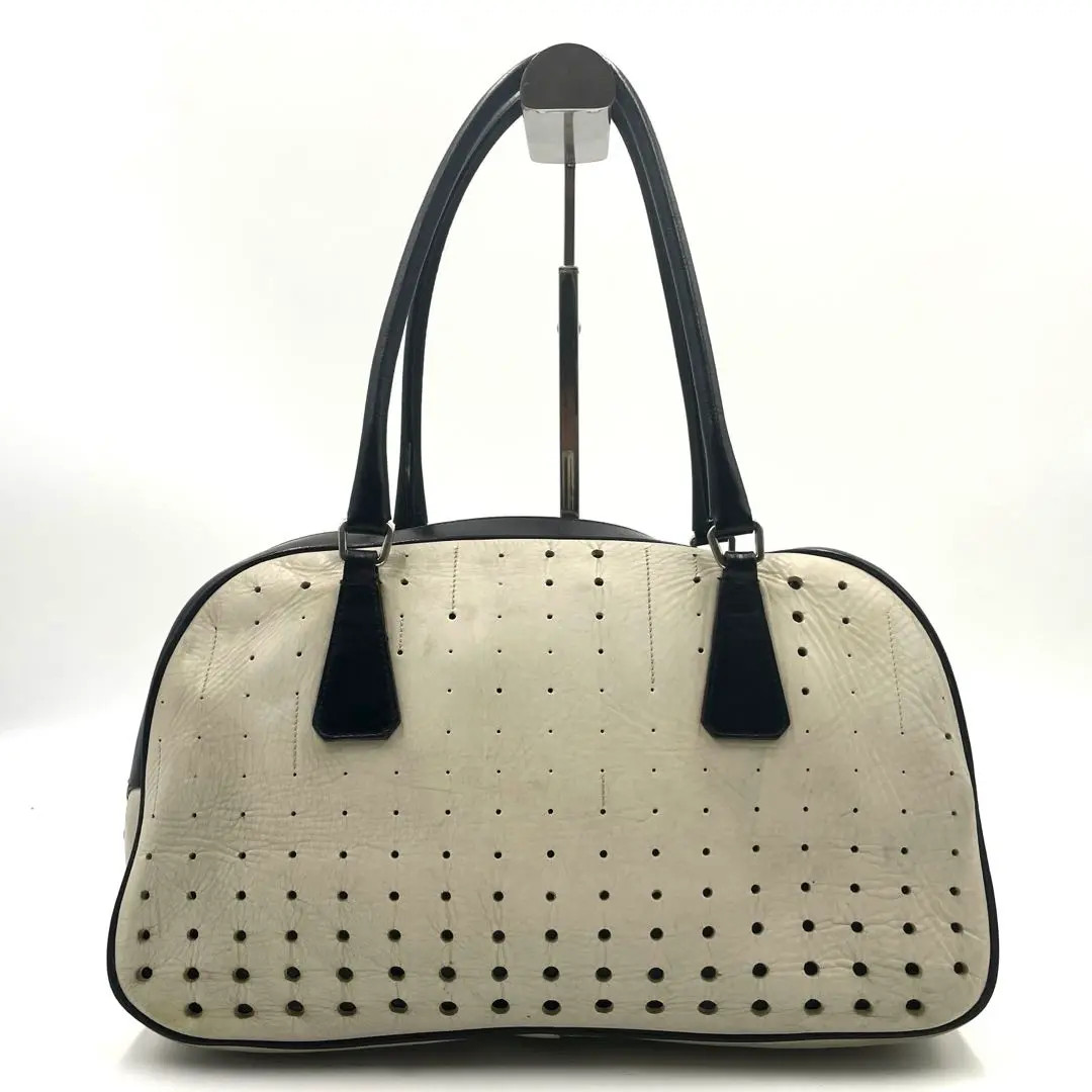 Prada Leather Bowling Boston Bag in White Black with Triangle Logo Y2K Archive