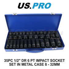 US PRO Tools 35 pz 1/2" Dr 6pt set di prese a impatto profondo e poco profondo 8-32 mm custodia in metallo