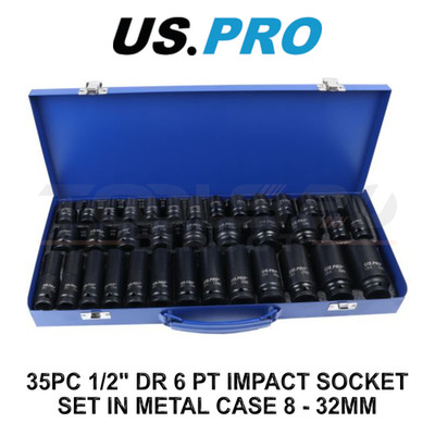 US PRO Tools 35 Stck. 1/2 Zoll Bohrer 6pt tief & flach Steckschlüsselsatz 8-32 mm Metallkoffer