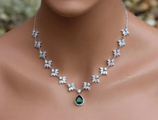 19Ctw Pear  RD Cut Lab Created Emerald  Diamond Necklace 14K White Gold Plated