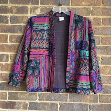 Vintage 80s Graff Petite Open Cardigan Sweater Geometric Pattern Size 6 Medium
