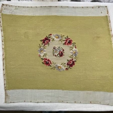 Vintage Needlepoint Completed Seat Cover Pillow Florals Wool 24”x17” Yellow