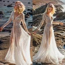 Shiny Wedding Dresses A-Line V-Neck Sequins Long Sleeve Floor-Length Bride Gown