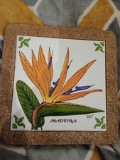 Vintage Madeira Portugal Ceramic Tile Pot Stand Trivet Bird of Paradise cork bs