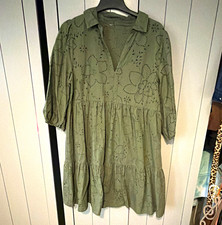 Green Floral Embroidered Collared Skater Dress Knee Length 3/4 Sleeve 14