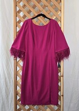 NWT Adrianna Papell Womens Feather Trimmed Crepe Sheath Dress - Magenta - Sz 8
