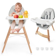 Wooden Feeding Chair Baby High Chair w/ 4-Gear Tray  Removable Cushion Grey