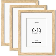 8x10 Picture Frame with Mat for 5x7 set of 3, Solid Oak Wood 8x10 Frame with ...