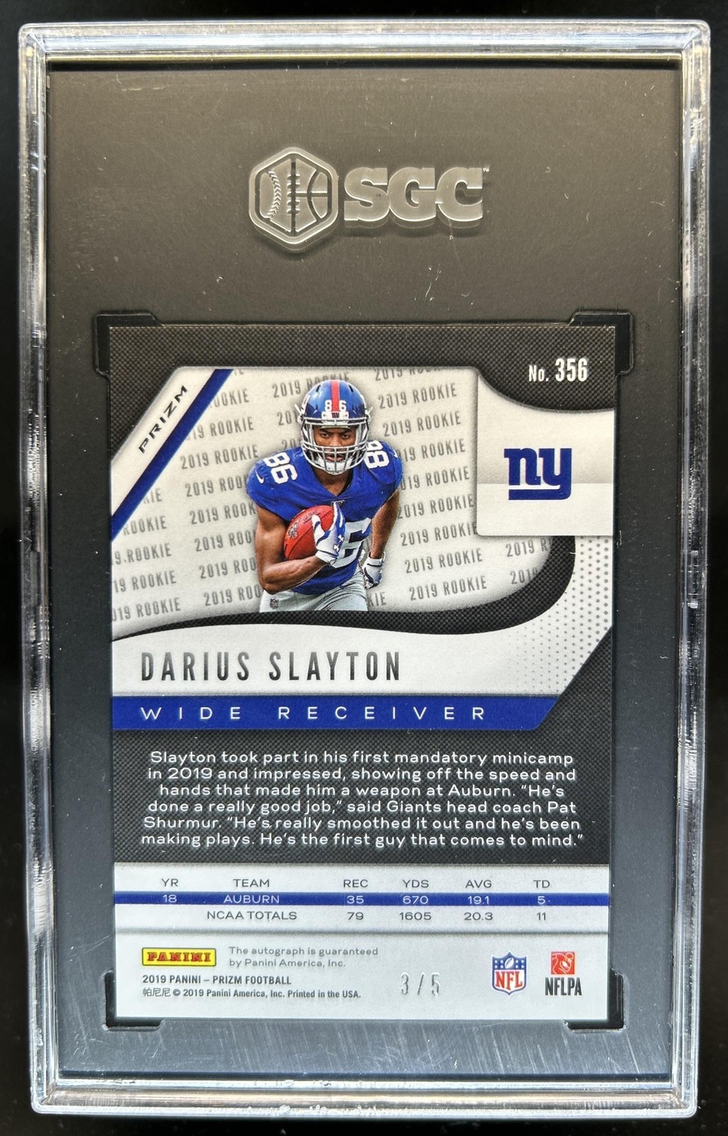 2019 Panini Prizm Darius Slayton Rookie Auto RC Gold Vinyl #/5 Giants SGC 9 10 view 2