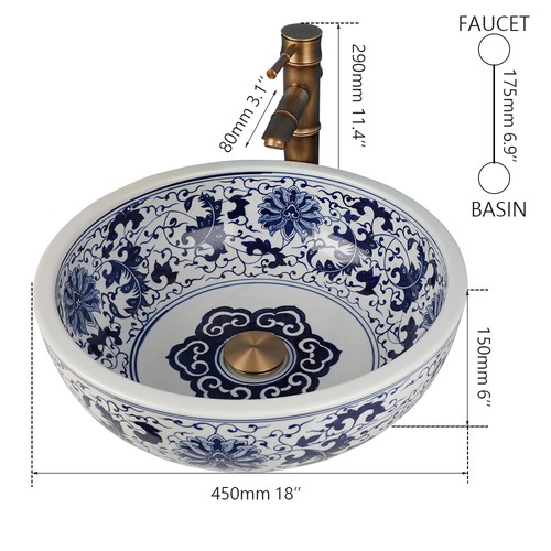 US Flower Bathroom Vessel Sink Blue Ceramic Basin Bowl Antique Pop Up Drain Tap - Picture 2 of 18
