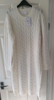 Damen Primark Ecru Pulloverkleid UK Größe Large L enthält Wolle Zopfmuster
