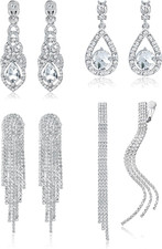 4 Pairs Silver Clip on Earrings for Women, Sparkly Rhinestone Tassel Chandelier