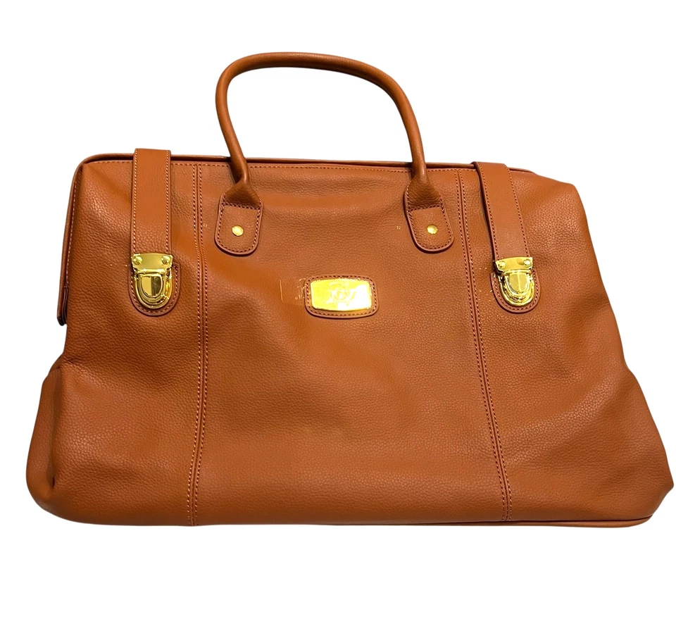 Bolso de Viaje de Lona de Cuero con Herrajes Dorados Joy Mangano Weekender Coñac Foto 2 de 4