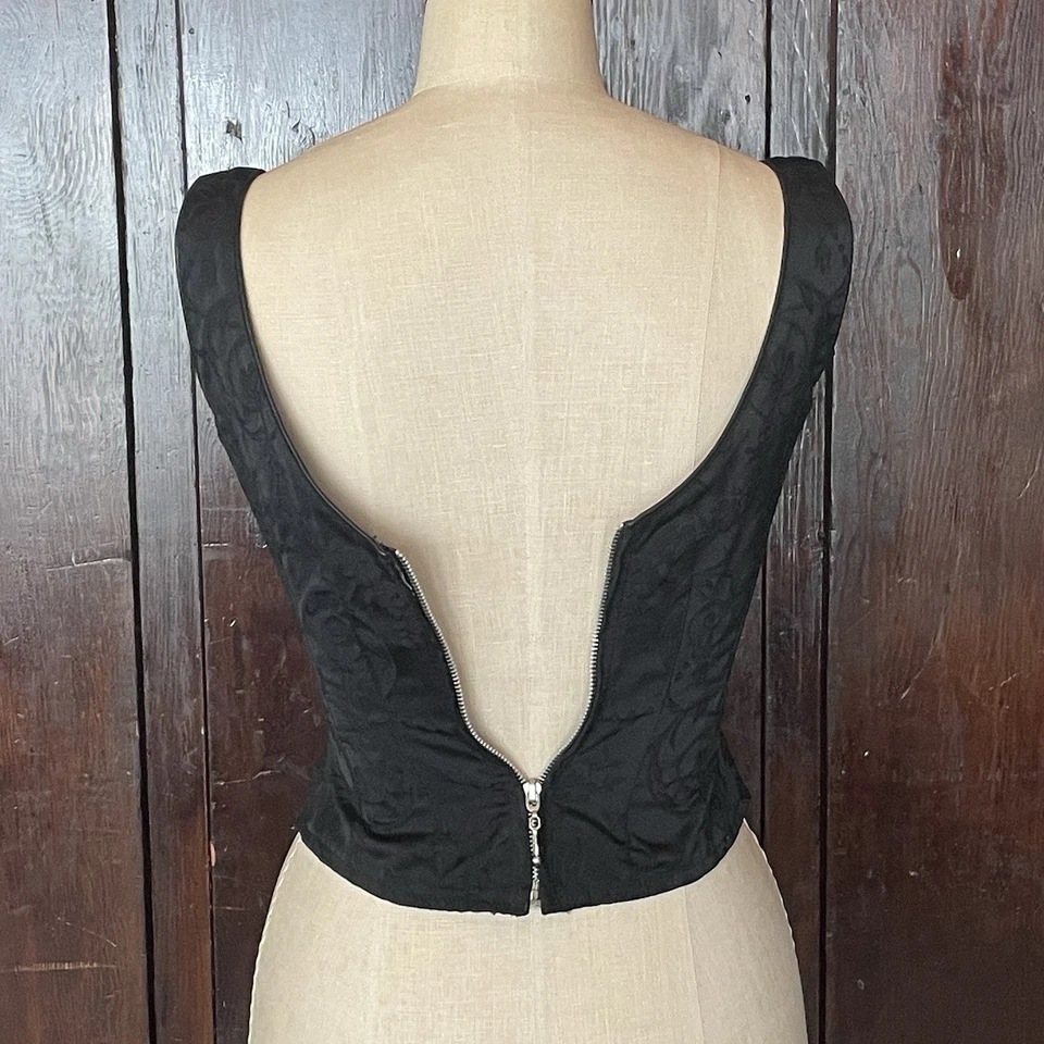 Vintage 90s Black Jaquard Lace Up Corset Top Extra Small Goth Glam - Image 4 of 4
