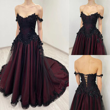 Gothic Black Burgundy Wedding Dresses A Line Lace Flowers Applique Bridal Gowns