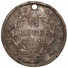1840 British India Victoria 1/4 Rupee Coin – Stamped WB – Holed – Silver