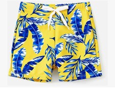 Men's Large Yellow Blue Tropical Leaf Swim Trunks Elastic Drawstring Pockets