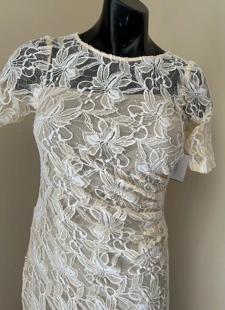 NUEVO CON ETIQUETAS DAVID'S BRIDAL Champaign Vestido Largo Bodycon Floral Encaje Manga Corta Lentejuelas 2 Foto 2 de 4