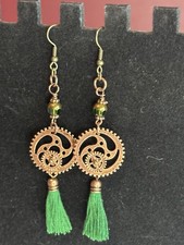 Vintage Steampunk Gear Earrings Dangle With Green Bead Tassel Copper Tone