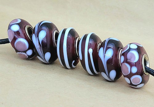 Purple Red Maroon w Hearts & Lines Single Core European Murano Glass Bead Charms - Picture 7 of 12