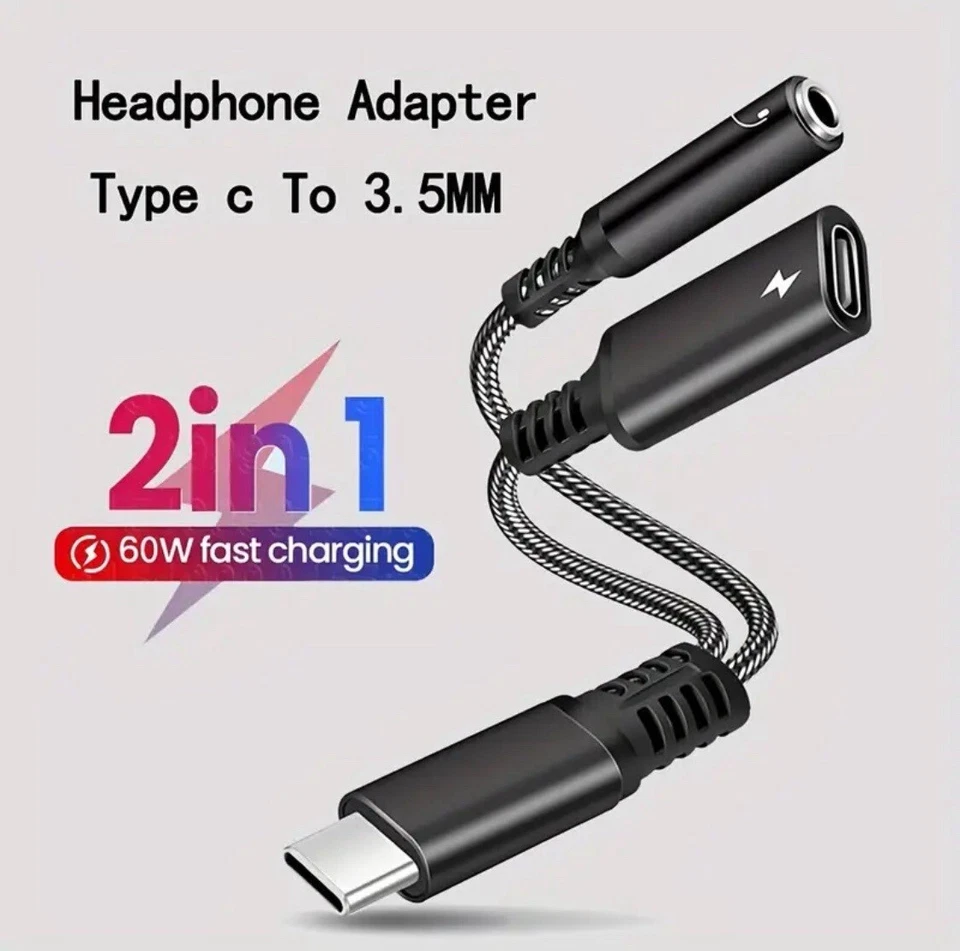 2 IN 1 Audio Charger Splitter Type C Aux Headphone Jack USB C to 3.5mm Adapter - Image 3 of 4
