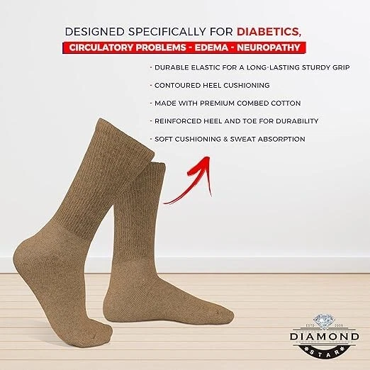 5~20 Dozens Wholesale Men Women Diabetic Crew Socks Khaki Size 9-11 10-13 13-15 - Image 3 of 4