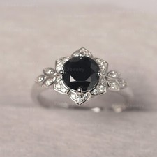 Black Onyx Ring 925 Sterling Silver Ring Round Cut Ring floral Wedding Ring