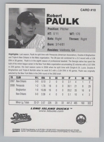 Tarjeta de béisbol de ligas menores Robert Paulk 2009 Choice Long Island Ducks - Imagen 2 de 2