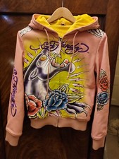Genuine Rare Ornate Ed Hardy / Christian Audigier Pink Hoodie Leather Jacket. 