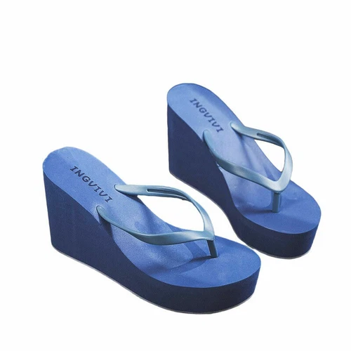 Damen Sommersandalen Plateau Keilabsatz Hausschuhe einfarbige Schuhe mittlere Absätze Flip Flops - Bild 54 von 59