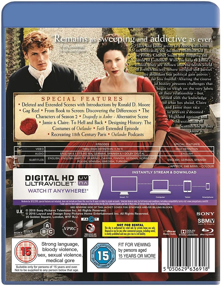 Outlander The Complete Second Season Two 2(Blu-ray,Region Free,UK,5-Disc Set)NEW Foto 3 de 3