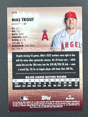 MIKE TROUT 2023 Topps Stadium Club #179 Los Angeles Angels - Picture 2 of 2
