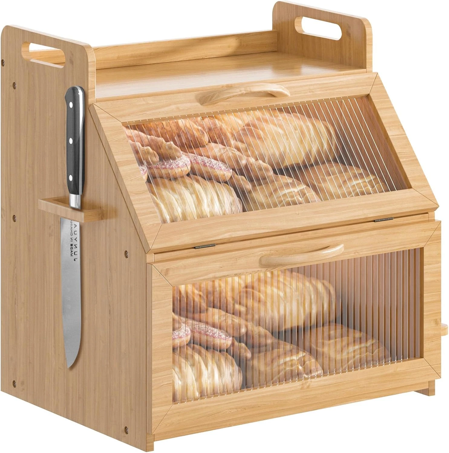 Large Wooden Bread Box with Acrylic Window for Kitchen Countertop Storage