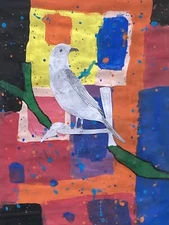Folk Art Collage Bird Painting Naive Abstract Color Block Framed 23”x 19
