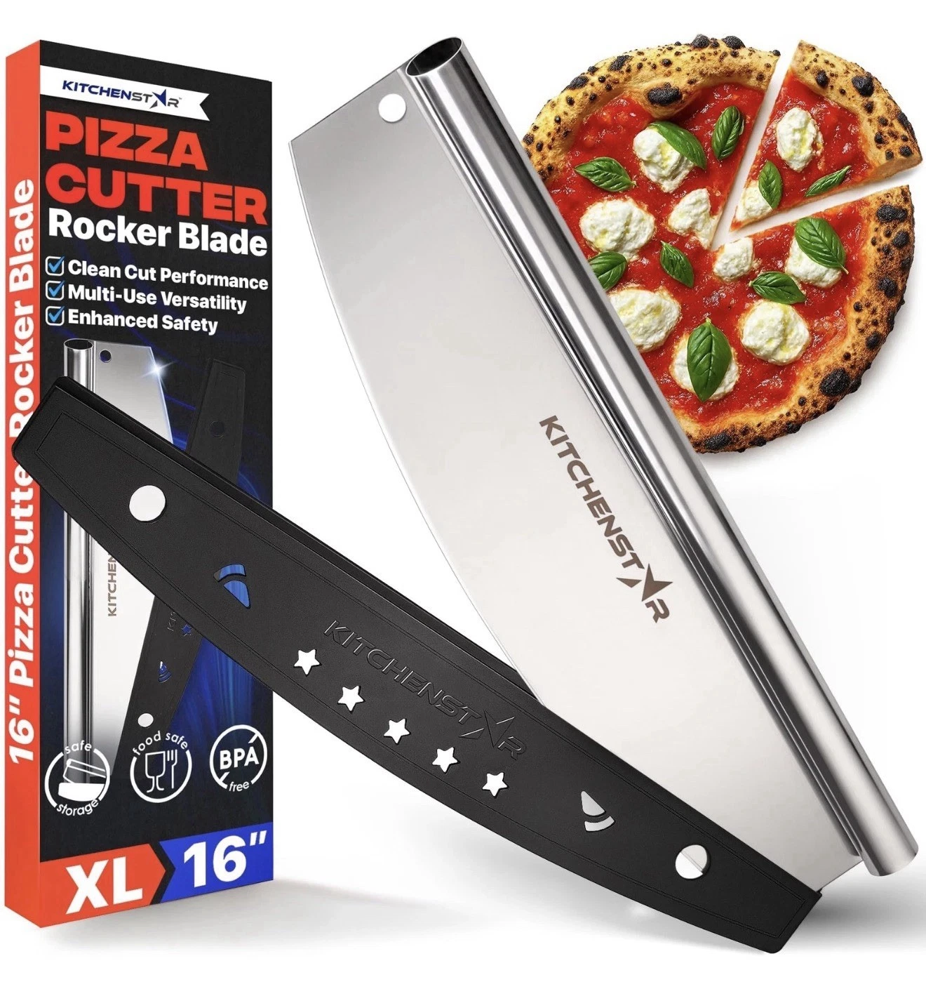 16-Inch Pizza Cutter Rocker Blade - Sharp Stainless Steel Slicer Knife, Prote...