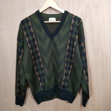 Pierre Sangan Vintage Mens Sweater EU 52 XL Green V-Neck Geometric Diamond Knit 