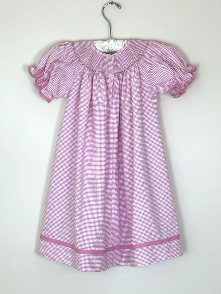 Smocked Pink White Seersucker Bishop Dress Bunnies Gingham Check Easter Size 3 - Image 2 of 4