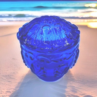 Wilkerson Glass Cobalt Blue Scroll & Leaf Puff Box signed, Jewelry, trinkets