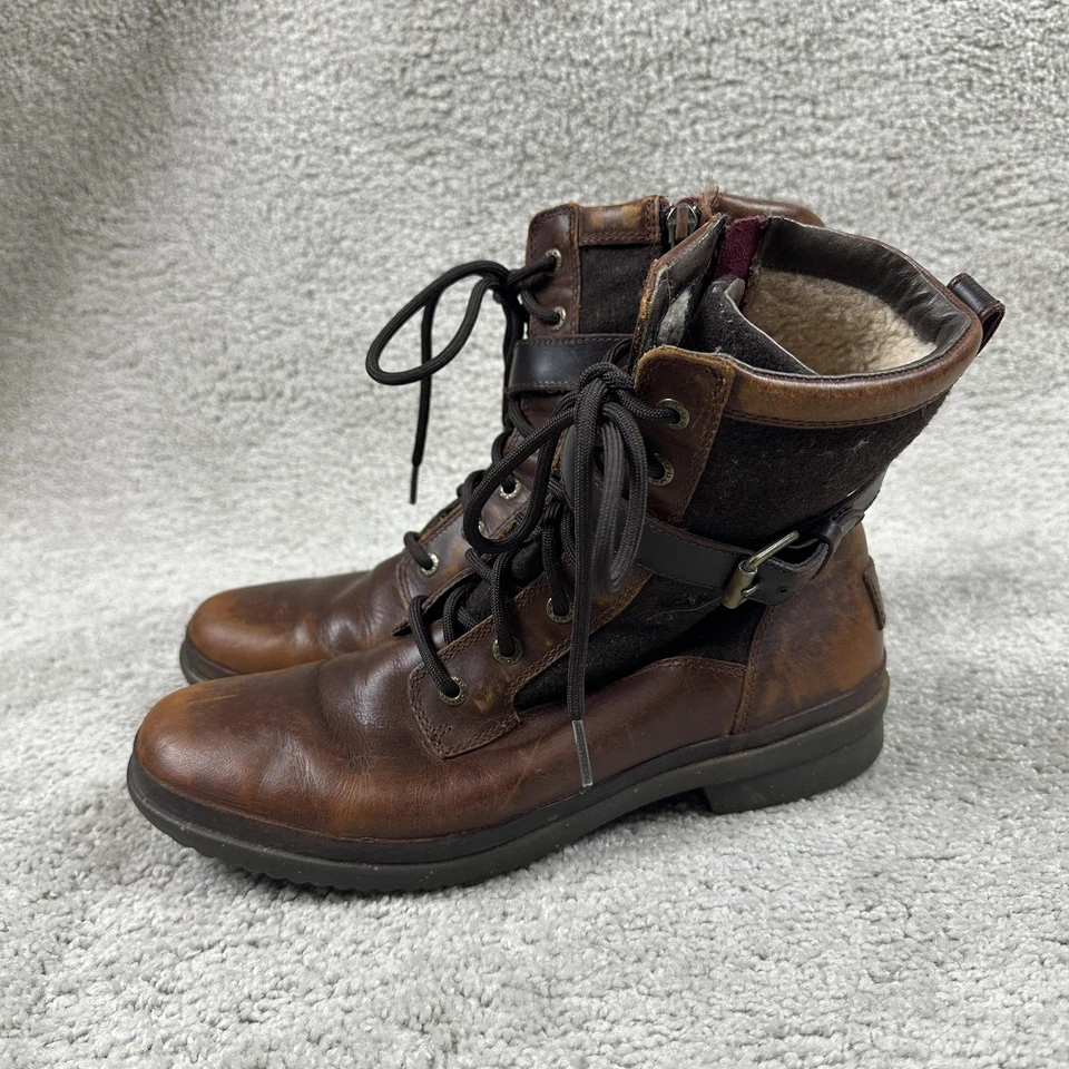 Botas de Combate UGG para Mujer Talla 8.5 Cuero Marrón Forradas en Lana Con Cordones Cremallera Foto 3 de 4