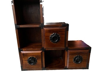 Japanese Kaiden Tansu Wooden Staircase Shelf With 3 Cubby Drawer Iron Metal Trim