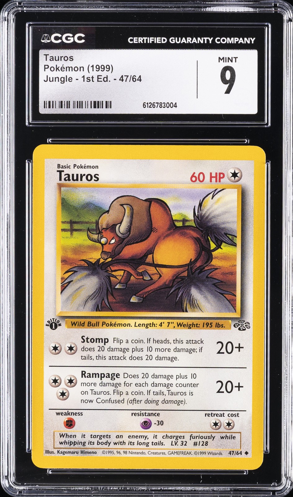 1999 POKEMON JUNGLE - 1ST ED. #47/64 TAUROS CGC 9
