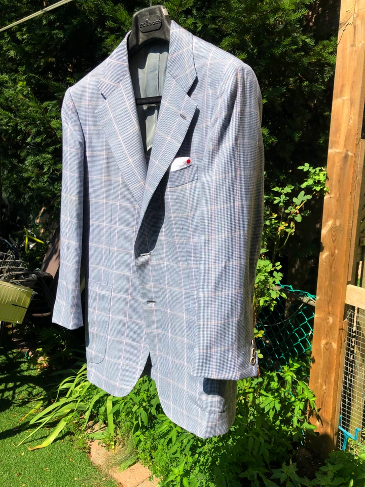 Casaco esportivo Kiton 38/48 como novo lã/seda/linho azul/rosa janela Houndstooth - Imagem 4 de 4