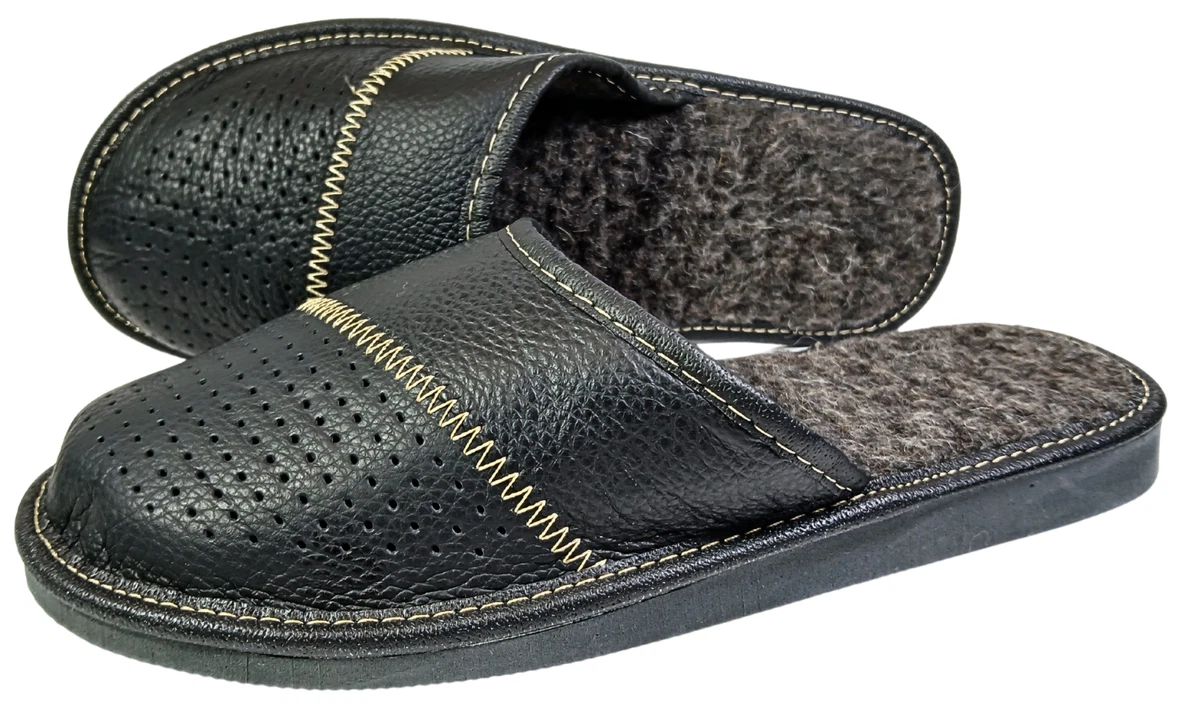 Herren Leder Hausschuhe Schwarz Pantoffeln Lammwolle Warme  Winter Gr.40-46 Neu
