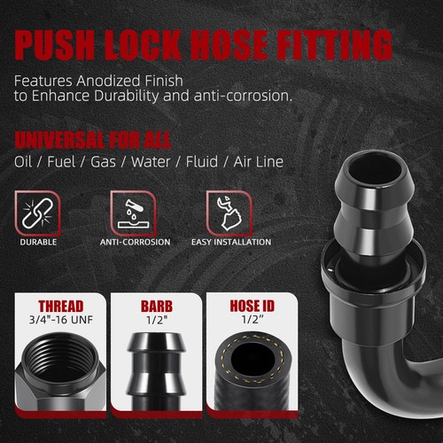 Universal 8AN Barb to 1/2" 90 Degree Push Lock Hose End Fittings Black Aluminum - Picture 3 of 6