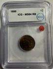1890 Indian Head Cent Penny 1c - ICG MS64 RB - Unc BU Red Brown