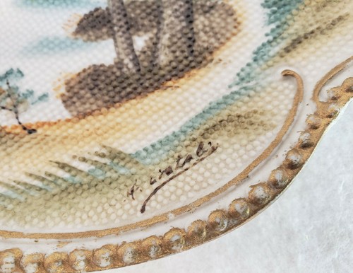 Japanische handbemalte Wandteppichplatte 7,5 Country Szene gold bemalt signiert - Bild 10 von 11