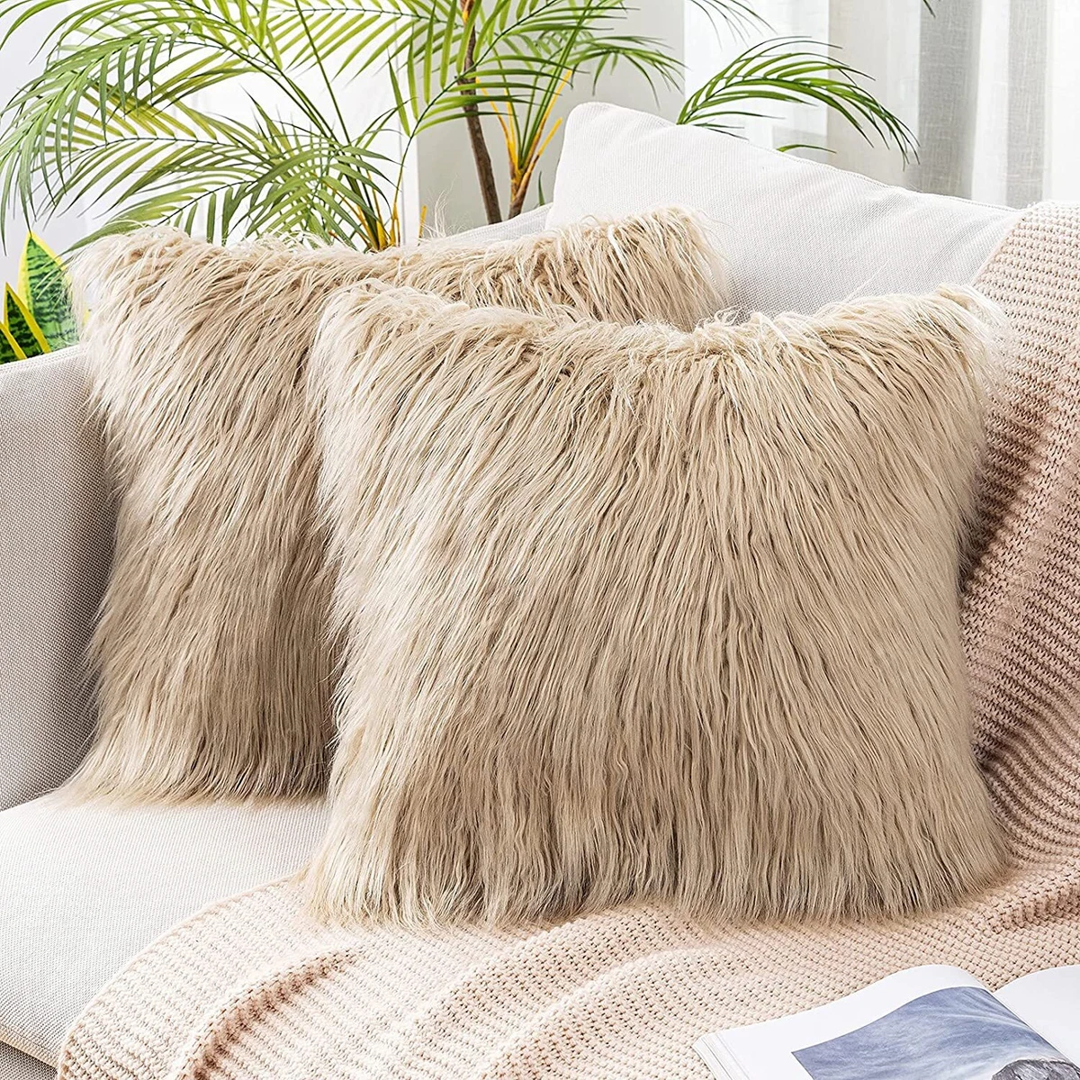 MIULEE Beige Decorative Throw Pillow Covers, Soft Faux Fur Pillow Case