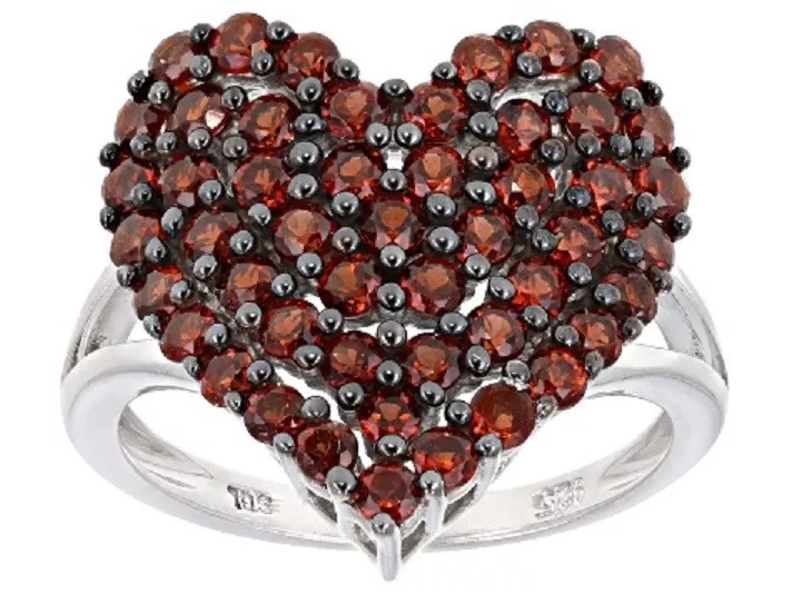 JTV Rhodium Over Sterling Silver Red Vermelho Garnet Cluster Heart