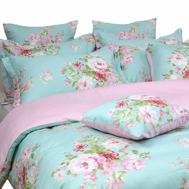 FADFAY Shabby Floral Duvet Cover Set Pink Grid Cotton Farmhouse Bedding